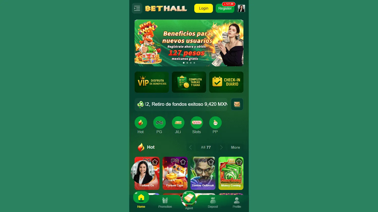 Bethall Casino desktop home screen with casino, live casino and sports betting options